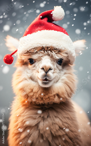Portrait smile alpaca wearing santa claus hat on snow background.