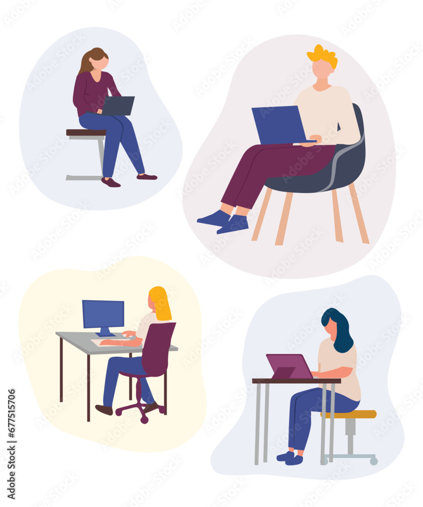 Lazy Flat Art Working Illustration Of 4 Company People Working On Their Laptop Computers