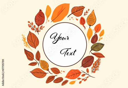 Kreis aus schönen Herbstblättern und Pflanzen mit Textfeld für Ihren Text. Vektorillustration (Generative AI).
