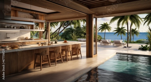 View of the large kitchen open to the swimming pool and sea view.