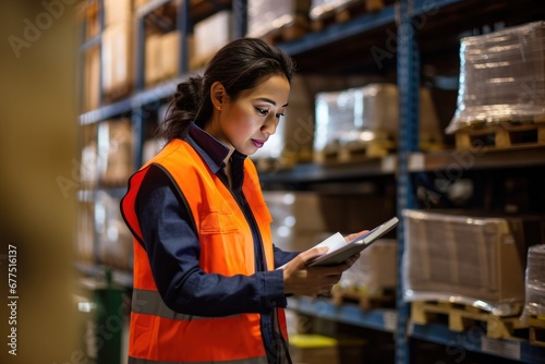 Factory manager using digital tablet in warehouse while standing against goods shelf.