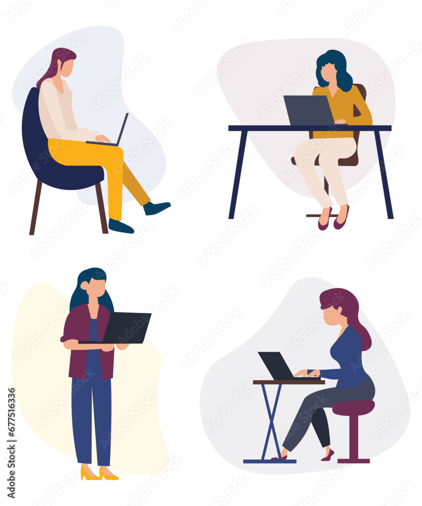 Fototapeta premium Lazy Flat Art Working Vectors Of 4 Company People Working On Their Laptop Computers