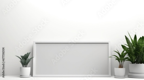 Blank white screen on a desk with plant.