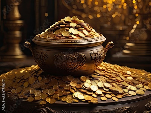 Golden Coins in Kalash Symbolizing Wealth and Prosperity photo