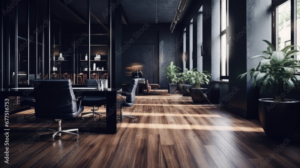 Dark salon on a wooden flooring in a salon.