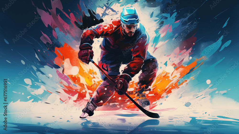 Ice hockey player in the style of bright geometric abstractions by Generative AI - obrazy, fototapety, plakaty 