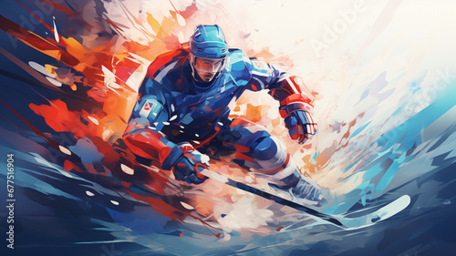 Ice hockey player in the style of bright geometric abstractions by Generative AI