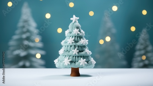 Christmas tree knitted on light blue background. Handmade crochet green Christmas tree.