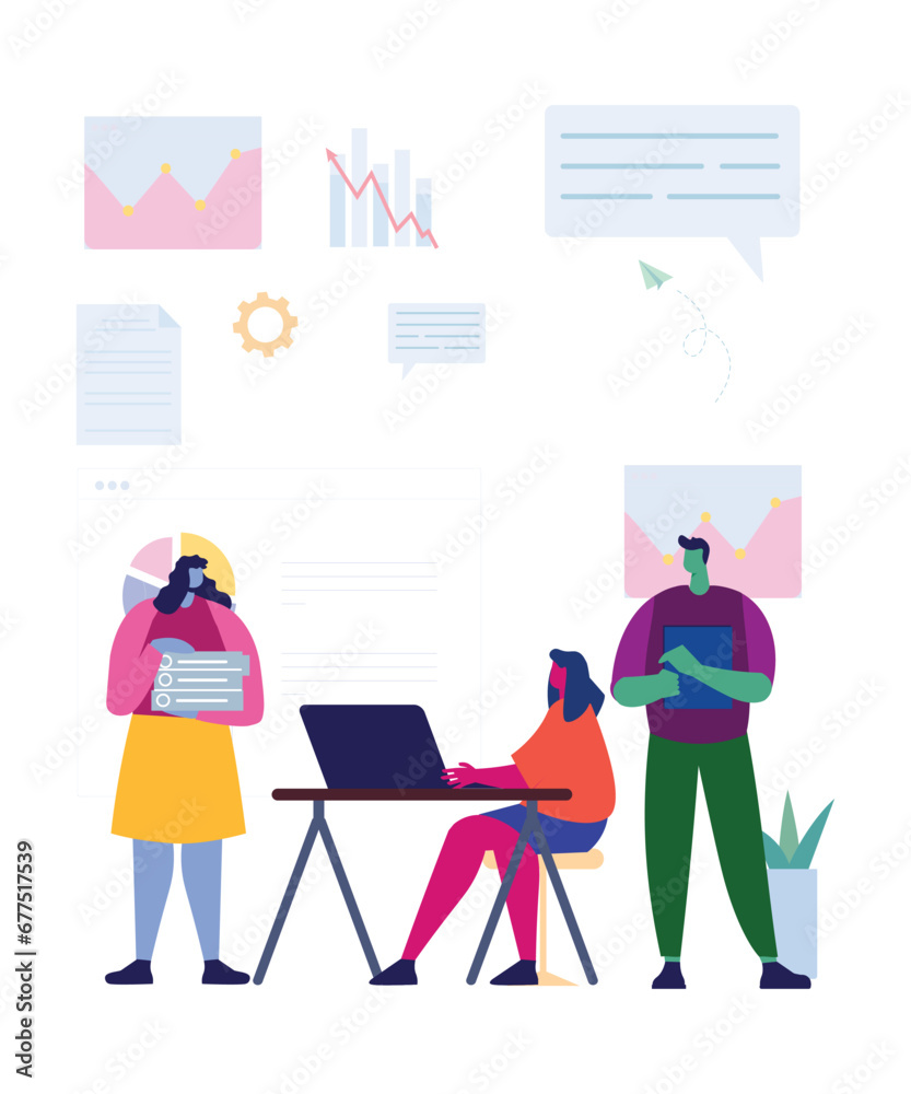 Lazy Flat Art Working Illustration Of 3 Corporate People Brainstorming And Giving Ideas For Project