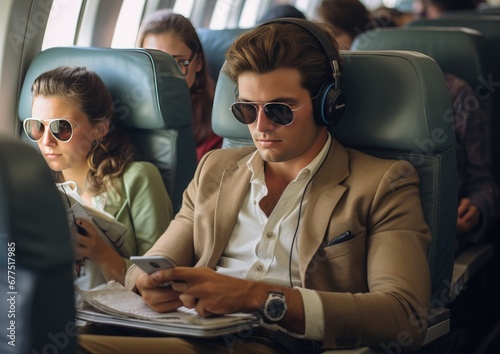 Un joven sentado en un avion con auriculares