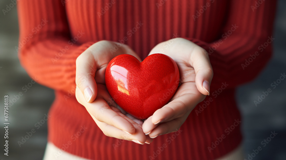 Red heart on woman hands. Symbol of support