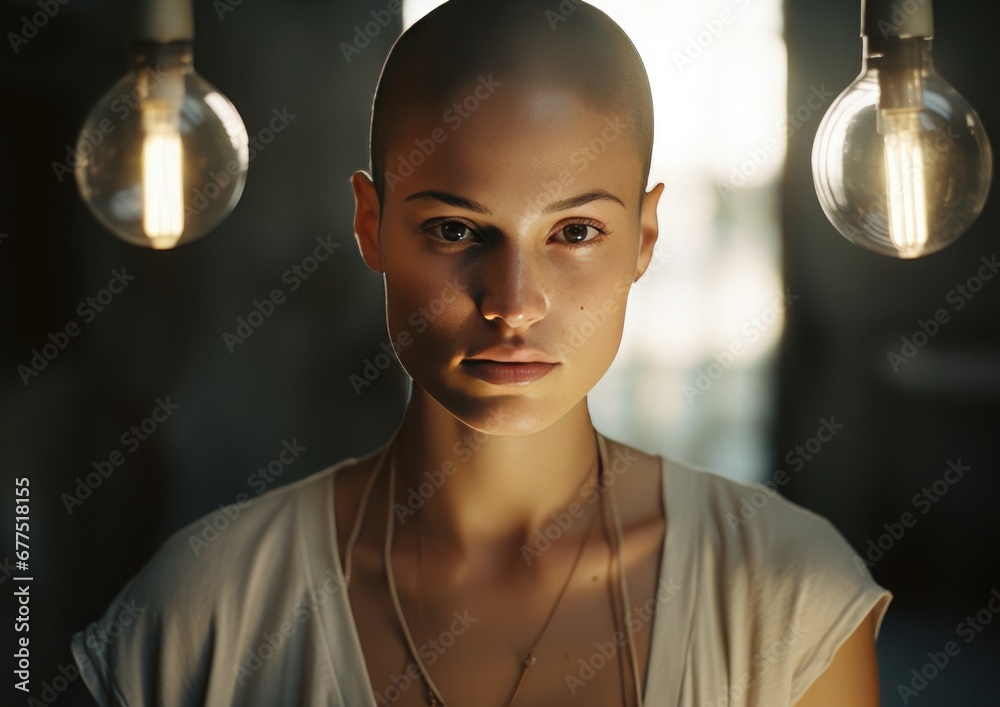 Retrato de una mujer joven caucasica con el pelo rapado - obrazy, fototapety, plakaty 