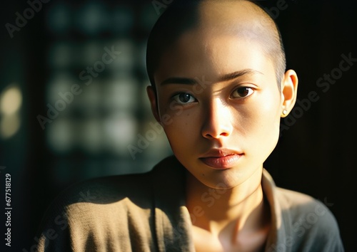 Retrato de una mujer asiatica con el pelo rapado