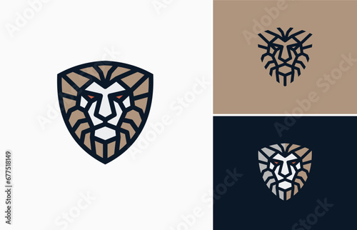 Minimalist outline shield guardian with lion head vector logo design