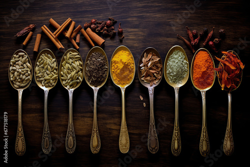 Top view of different spices and herbs in spoons