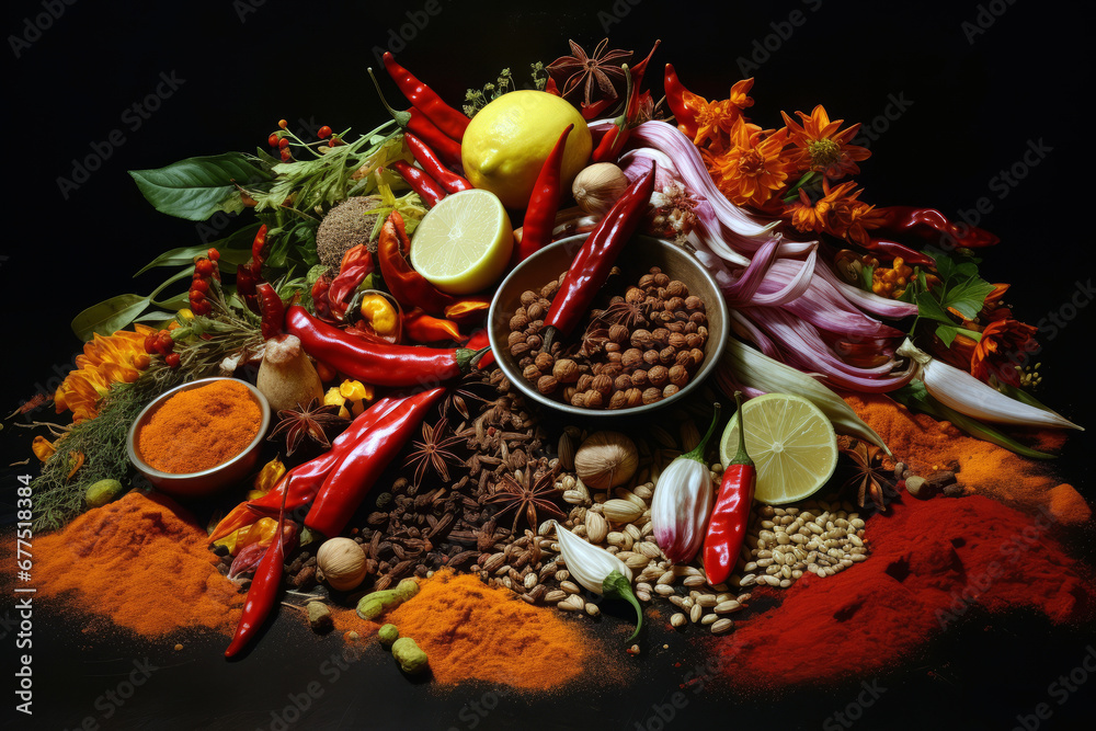 Close-up view of different spices and herbs. Soft focus.