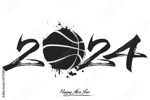 Happy New Year 2024 and basketball ball
