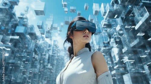 Woman wearing AR glasses/ device experiencing amazing metaverse. 3D cubes. 
