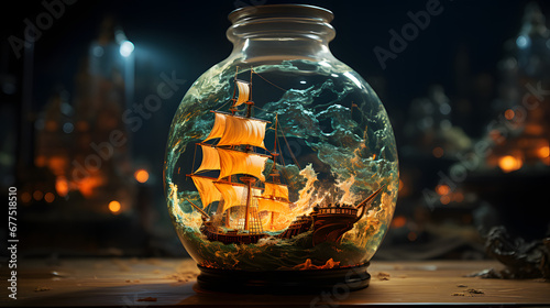 photography of a ship inside of a bottle on the ocean photo