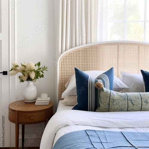 Round wooden bedside nightstand between white door and bed with rattan headboard and blue pillows. Coastal , french country interior design of modern bedroom. photo