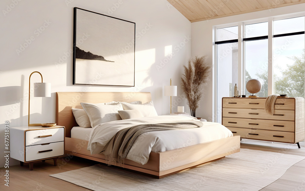 Fototapeta premium Wooden drawer chest against window. White nightstand near wooden bed. Minimalist boho interior design of modern bedroom.