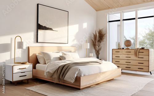 Wooden drawer chest against window. White nightstand near wooden bed. Minimalist boho interior design of modern bedroom.