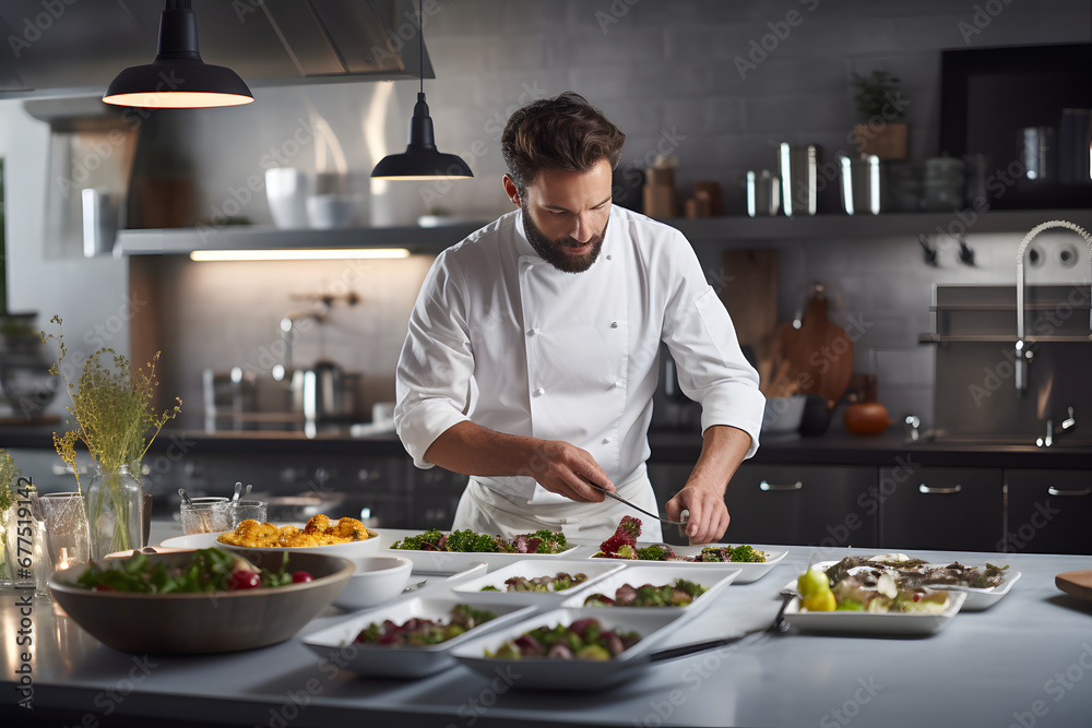 Kulinarischer Maestro: Der erfahrene Koch in Aktion, meisterhaft in der Kunst der Gourmetküche Kulinarischer Maestro: Der erfahrene Koch in Aktion, meisterhaft in der Kunst der Gourmetküche
