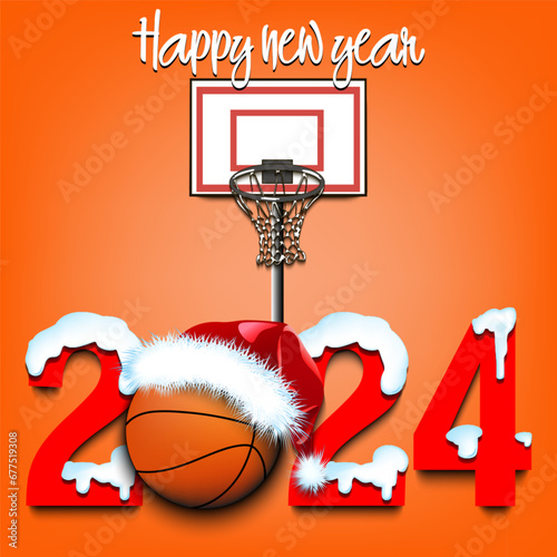 Happy New Year 2024 and basketball ball