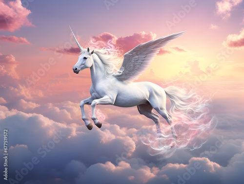 Enchanting Flight: Unicorn Soars Joyfully Over a Fairy-tale Landscape with Spread Wings, Copy Space, Freedom in pink and purple tones © Boris