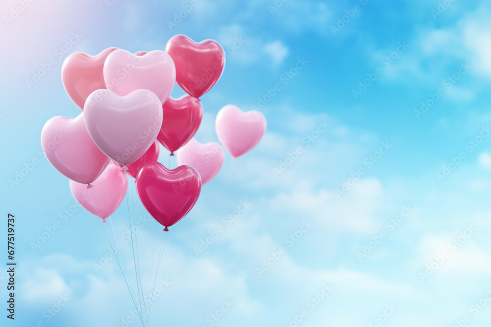 pink and red hearted balloons floating up in the clear blue sky