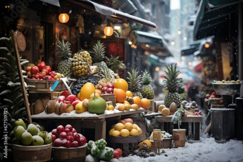 Winter Street Photography: Capture the essence of daily life in urban areas during the winter, including street vendors and pedestrians. - Generative AI