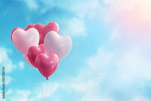 pink heart shaped balloons on the blue sky
