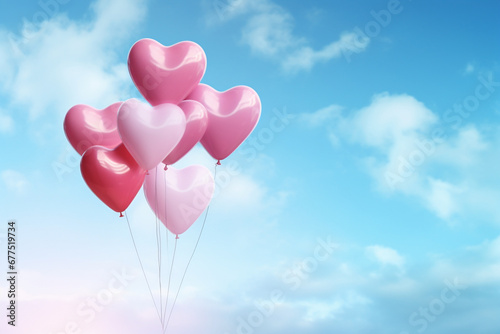 set of pastel hearted balloons floating up in clear blue sky