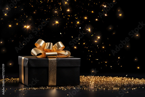 Black gift box with golden bow and confetti on black background. © YULIYA