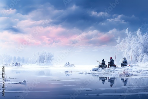 Ice Fishing: Photograph ice fishermen patiently waiting for their catch on frozen lakes. - Generative AI © Sidewaypics