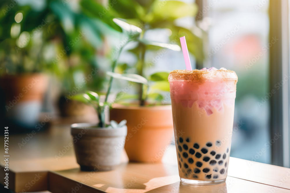 Peach milk shake with tapioca sweet balls, asian trendy drink bubble tea on wooden table in cafe. Peach milk shake with tapioca sweet balls, asian trendy drink bubble tea on wooden table in cafe.