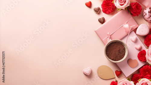 graphic composition of a flat lay featuring Valentine's Day elements of chocolates, flowers, heart shaped objects, beads, and small gifts, arranged aesthetically on a complementary background