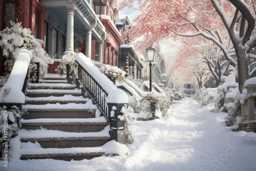 Snowy Staircases: Showcase the architectural beauty of snow-covered stairs, especially in historic areas. - Generative AI © Sidewaypics