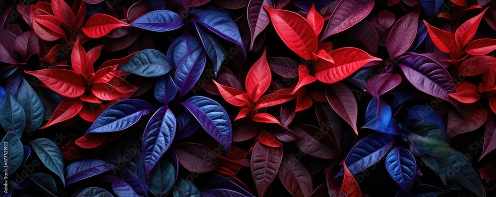 Neon tropical leaves on dark background. Colorful plants glowing in dark rainforest. Creative fluorescent nature concept. Minimal surrealism backdrop Neon tropical leaves on dark background. Colorful plants glowing in dark rainforest. Creative fluorescent nature concept. Minimal surrealism backdrop