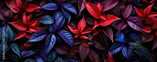 Neon tropical leaves on dark background. Colorful plants glowing in dark rainforest. Creative fluorescent nature concept. Minimal surrealism backdrop photo