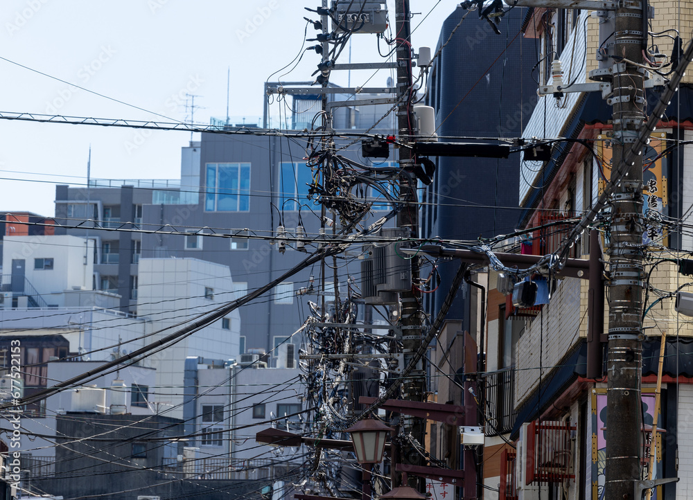 A lot of electric wires on a pole, electricity transmission in Japan