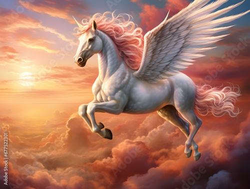 Enchanting Flight: Unicorn Soars Joyfully Over a Fairy-tale Landscape with Spread Wings, Copy Space, Freedom in pink and purple sky
