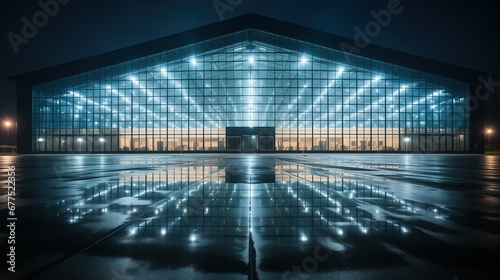 Nighttime Radiance: Glass Front Entry to Illuminated Factory Hangar Industrial Facility, Generative AI