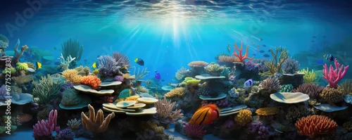 Obraz  z motywem World ocean wildlife landscape, sunlight through water surface with coral reef on the ocean floor, natural scene. Abstract underwater background