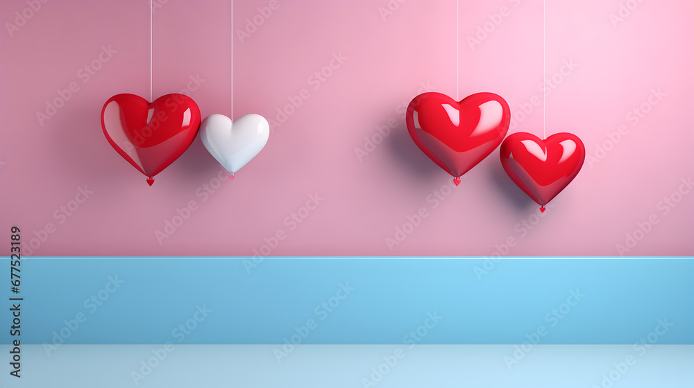Hearts on a Pink and Blue Wall. Romantic decoration in a space with hearts in contrasting colors, love and valentine card, copy space