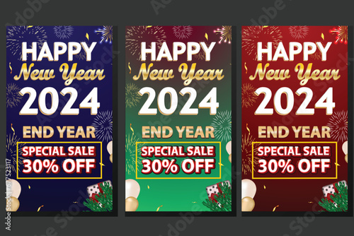 vector set of social media post, story, poster and banner discount mega sale happy new year. new Year celebration. end year sale flyer or story template