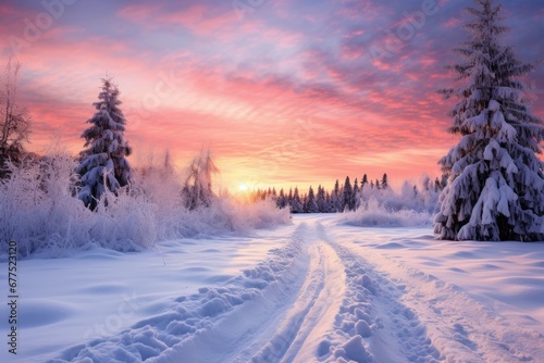 Winter panorama landscape. Forest, trees and road covered snow. Sunrise, winterly morning of a new day. Purple landscape with sunset. Happy New Year and Christmas concept