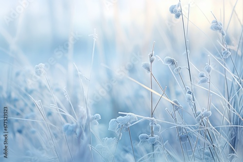 Frozen icy flowers in winter. Frost-covered wildflowers in winter field on the evening or mourning. Cold winter season, frosty weather. Natural blue and white background with copy space
