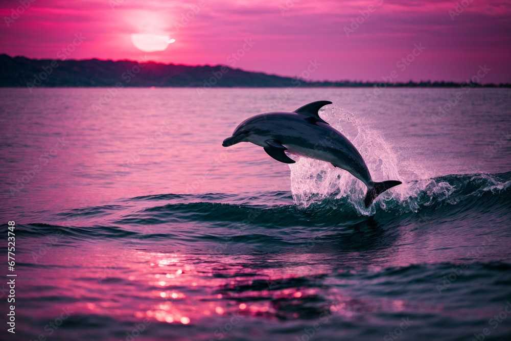 Obraz premium dolphin jumping out of the water beautiful sunset