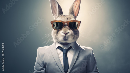 A rabbit wearing sunglasses and a suit with a tie